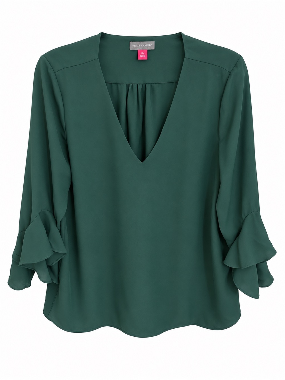 Designer, Vince Camuto Emerald Green, Ruffled Bell-Sleeve V-Neck Blouse ~ XL 🎄🎁